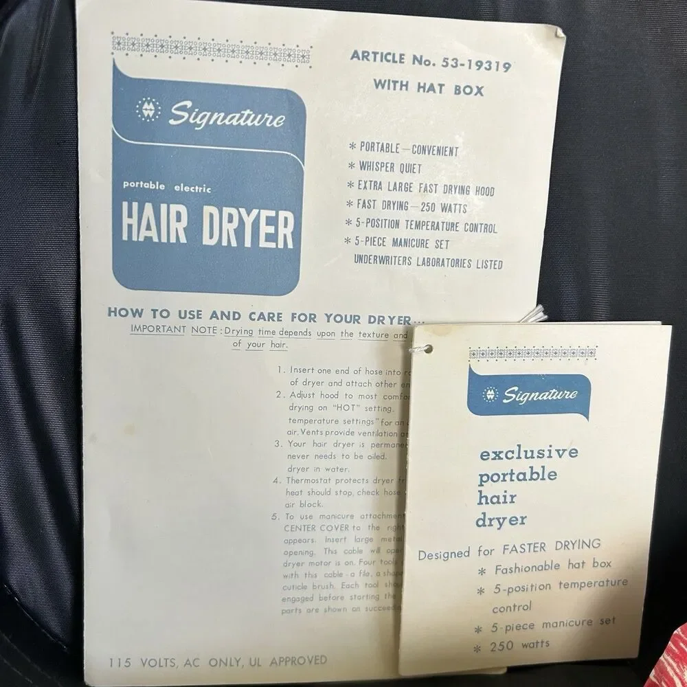 Vintage Signature Portable Electric Hair Dryer With Hat Box - Tested/Works Japan